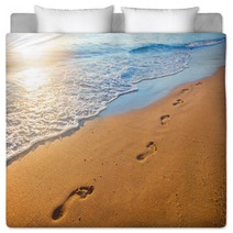 Beach Wave And Footprints At Sunset Time Bedding 112702409