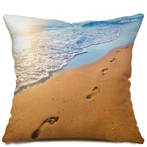 Beach Wave And Footprints At Sunset Time Pillows 112702409