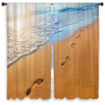 Beach Wave And Footprints At Sunset Time Window Curtains 112702409