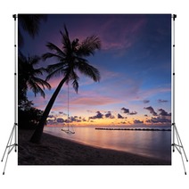 Beach With Palm Trees And Swing At Sunset, Maldives Island Backdrops 43593893