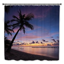 Beach With Palm Trees And Swing At Sunset, Maldives Island Bath Decor 43593893