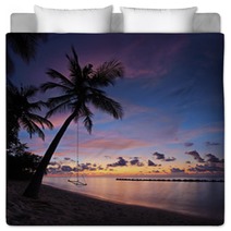 Beach With Palm Trees And Swing At Sunset, Maldives Island Bedding 43593893