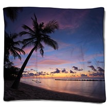 Beach With Palm Trees And Swing At Sunset, Maldives Island Blankets 43593893