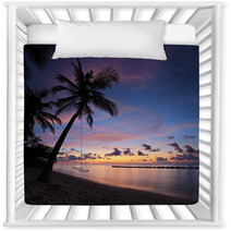 Beach With Palm Trees And Swing At Sunset, Maldives Island Nursery Decor 43593893