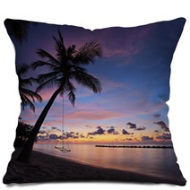 Beach With Palm Trees And Swing At Sunset, Maldives Island Pillows 43593893