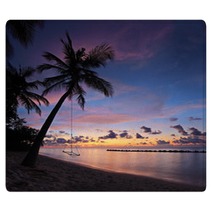 Beach With Palm Trees And Swing At Sunset, Maldives Island Rugs 43593893