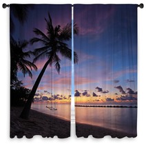 Beach With Palm Trees And Swing At Sunset, Maldives Island Window Curtains 43593893