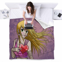 Beautiful Anime Girl Holding Heart - With Background Blankets 29852449