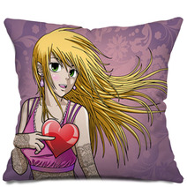 Beautiful Anime Girl Holding Heart - With Background Pillows 29852449