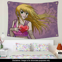 Beautiful Anime Girl Holding Heart - With Background Wall Art 29852449