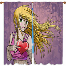 Beautiful Anime Girl Holding Heart - With Background Window Curtains 29852449