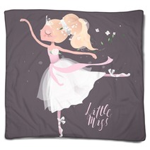 Beautiful Ballet Girl Ballerina In Crown With Flowers Floral Wreath Bouquet And Tied Bows Little Miss Lettering Blankets 190927056