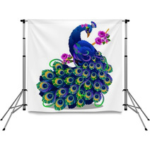 Beautiful Bird Peacock Sitting On A Perch With Flowers Isolated On White Background Vector Cartoon Close Up Illustration Backdrops 226314746