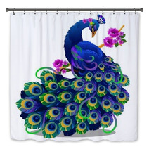 Beautiful Bird Peacock Sitting On A Perch With Flowers Isolated On White Background Vector Cartoon Close Up Illustration Bath Decor 226314746