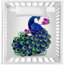 Beautiful Bird Peacock Sitting On A Perch With Flowers Isolated On White Background Vector Cartoon Close Up Illustration Nursery Decor 226314746