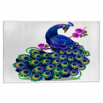 Beautiful Bird Peacock Sitting On A Perch With Flowers Isolated On White Background Vector Cartoon Close Up Illustration Rugs 226314746