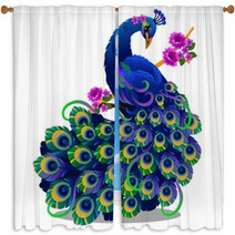Beautiful Bird Peacock Sitting On A Perch With Flowers Isolated On White Background Vector Cartoon Close Up Illustration Window Curtains 226314746
