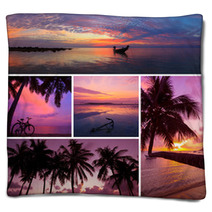 Beautiful Collage Of Tropical Sunset Images Blankets 60015533