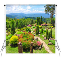 Beautiful Garden Of Colorful Flowers On Hill Backdrops 53812052