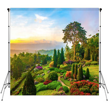 Beautiful Garden Of Colorful Flowers On Hill Backdrops 63084671