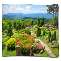 Beautiful Garden Of Colorful Flowers On Hill Blankets 53812052