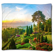 Beautiful Garden Of Colorful Flowers On Hill Blankets 63084671