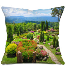 Beautiful Garden Of Colorful Flowers On Hill Pillows 53812052