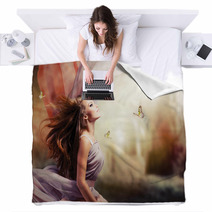 Beautiful Girl In Fantasy Mystical And Magical Spring Garden Blankets 49298048