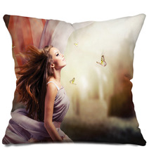 Beautiful Girl In Fantasy Mystical And Magical Spring Garden Pillows 49298048