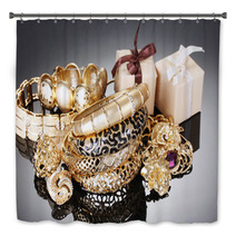 Beautiful Golden Jewelry And Gifts On Grey Background Bath Decor 41622894