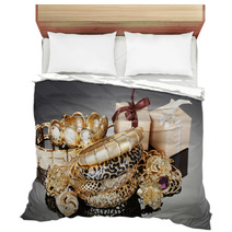 Beautiful Golden Jewelry And Gifts On Grey Background Bedding 41622894