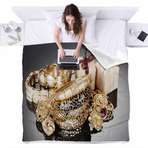 Beautiful Golden Jewelry And Gifts On Grey Background Blankets 41622894