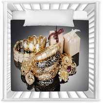 Beautiful Golden Jewelry And Gifts On Grey Background Nursery Decor 41622894