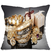 Beautiful Golden Jewelry And Gifts On Grey Background Pillows 41622894