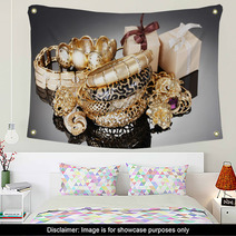Beautiful Golden Jewelry And Gifts On Grey Background Wall Art 41622894