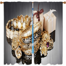 Beautiful Golden Jewelry And Gifts On Grey Background Window Curtains 41622894