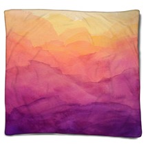 Beautiful Hues Of Yellow Gold Pink And Purple In Hand Painted Watercolor Background Design With Paint Bleed And Fringing In Colorful Sunrise Or Sunset Colors In Cloudy Shapes Blankets 298359661