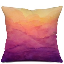 Beautiful Hues Of Yellow Gold Pink And Purple In Hand Painted Watercolor Background Design With Paint Bleed And Fringing In Colorful Sunrise Or Sunset Colors In Cloudy Shapes Pillows 298359661