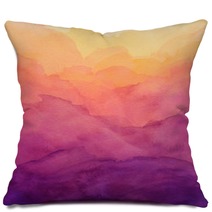 Beautiful Hues Of Yellow Gold Pink And Purple In Hand Painted Watercolor Background Design With Paint Bleed And Fringing In Colorful Sunrise Or Sunset Colors In Cloudy Shapes Pillows 298359661
