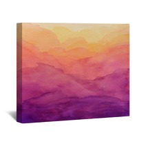 Beautiful Hues Of Yellow Gold Pink And Purple In Hand Painted Watercolor Background Design With Paint Bleed And Fringing In Colorful Sunrise Or Sunset Colors In Cloudy Shapes Wall Art 298359661