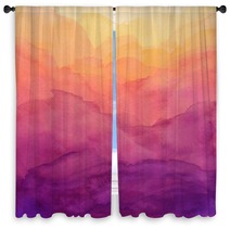 Beautiful Hues Of Yellow Gold Pink And Purple In Hand Painted Watercolor Background Design With Paint Bleed And Fringing In Colorful Sunrise Or Sunset Colors In Cloudy Shapes Window Curtains 298359661