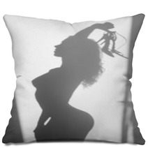 Beautiful Naked Woman Silhouette, With Sandals In Hands Pillows 68089308