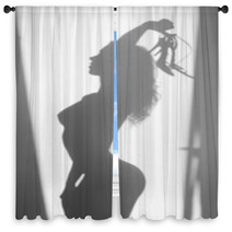 Beautiful Naked Woman Silhouette, With Sandals In Hands Window Curtains 68089308