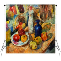 Beautiful Original Oil Painting Of Still Life Vase Apples Bright Colors Red Orange Green On Canvas Backdrops 94668338