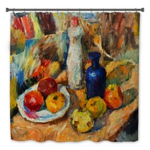 Beautiful Original Oil Painting Of Still Life Vase Apples Bright Colors Red Orange Green On Canvas Bath Decor 94668338