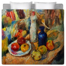 Beautiful Original Oil Painting Of Still Life Vase Apples Bright Colors Red Orange Green On Canvas Bedding 94668338