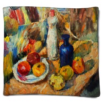 Beautiful Original Oil Painting Of Still Life Vase Apples Bright Colors Red Orange Green On Canvas Blankets 94668338