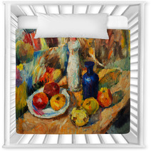 Beautiful Original Oil Painting Of Still Life Vase Apples Bright Colors Red Orange Green On Canvas Nursery Decor 94668338