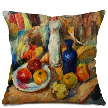 Beautiful Original Oil Painting Of Still Life Vase Apples Bright Colors Red Orange Green On Canvas Pillows 94668338