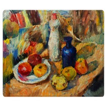 Beautiful Original Oil Painting Of Still Life Vase Apples Bright Colors Red Orange Green On Canvas Rugs 94668338